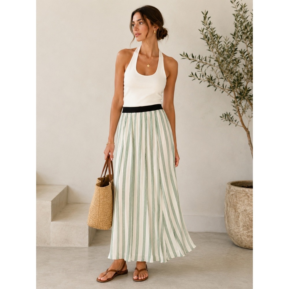 Future Collective Green Ivory Striped Midi Skirt Smallโ Elastic Waist Coastal